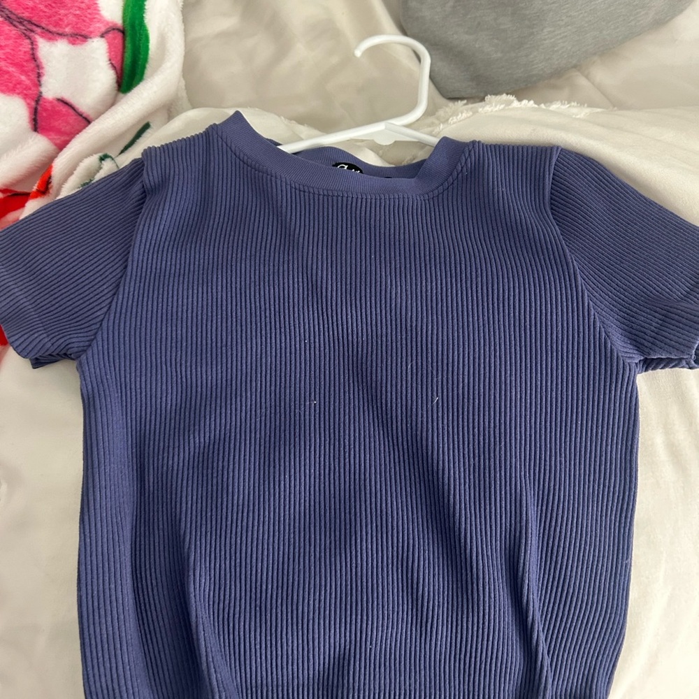 Zara Blue Ribbed Short Sleeve Top